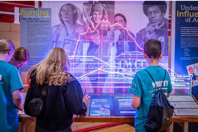 Students engage with an exhibit entitled “Vapes: Marketing an Addiction” at the recent YLinK conference at Hoisington High School.