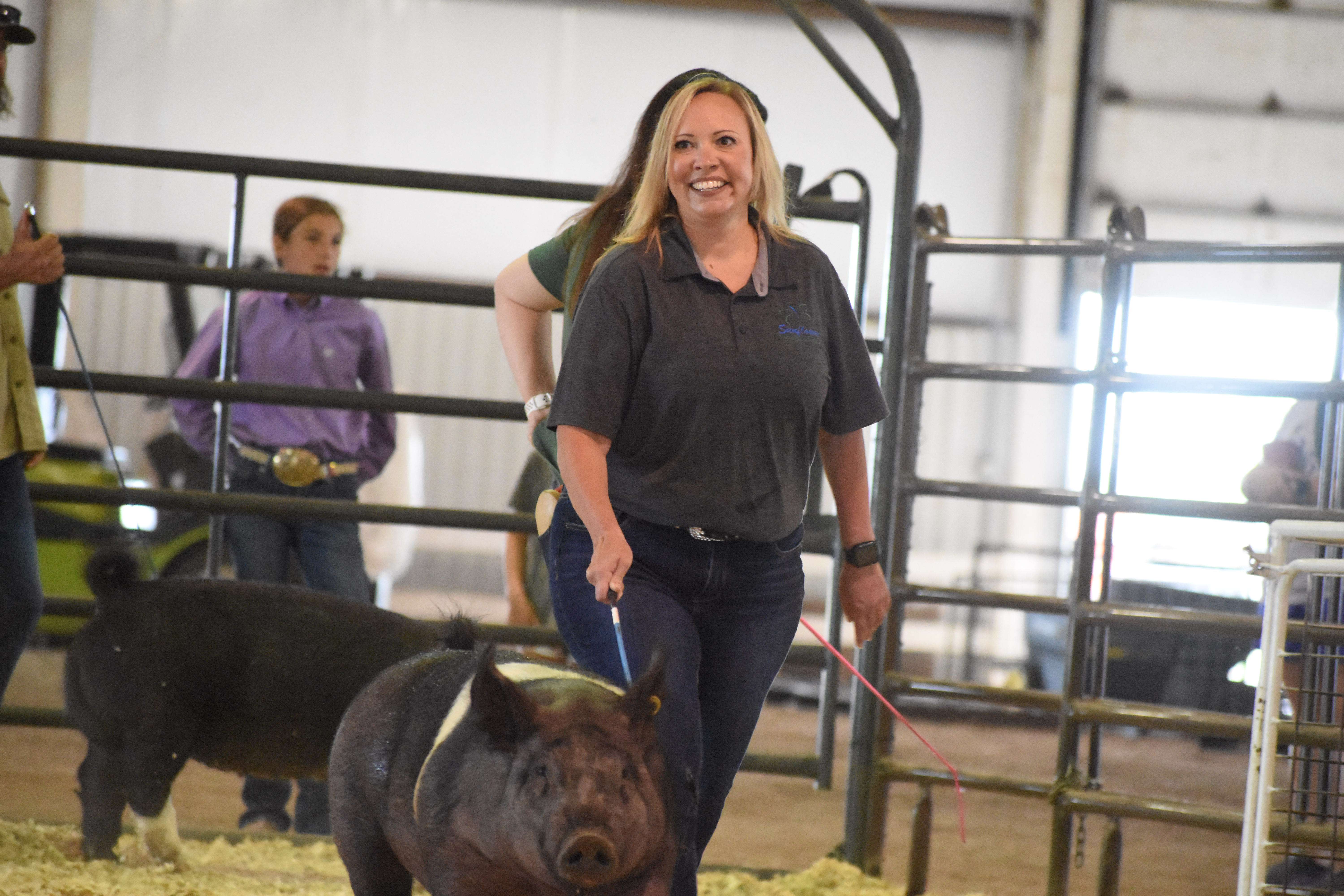 Sunflower Diversified Service's Angie Hicks won the Celebrity Showmanship in Aaron's Repair Arena Sunday at the Barton County Fair.