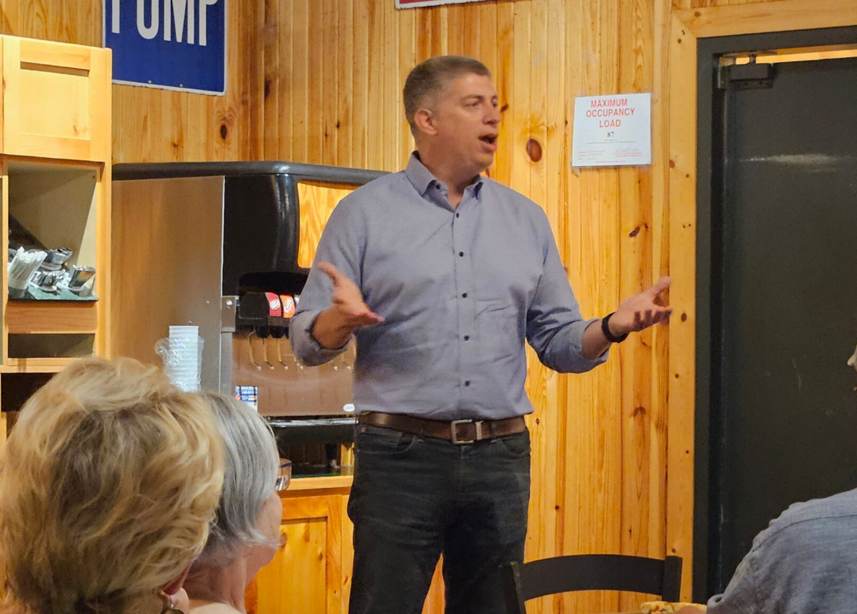 State Sen. Bill EIgel of Weldon Spring speaks during a campaign stop in Columbia as he seeks the Republican nomination for governor (Rudi Keller/Missouri Independent).