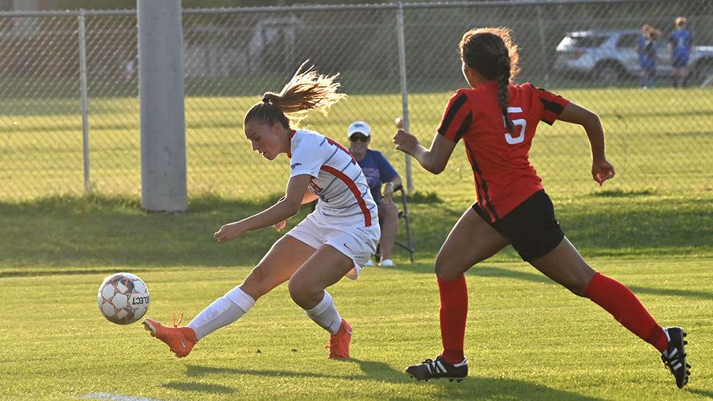 Sophomore Katharina Marx tallies two goals and two assists to lead the No. 2-ranked Blue Dragon women's soccer team to a 6-1 season-opening victory over NOC-Enid on Thursday at the Salthawk Sports Complex. (Andrew Carpenter/Digital Fox Photography)