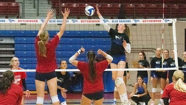 Freshman Viktoria Graf (right) combined for 23 kills in a 1-1 day for the Blue Dragon volleyball team on Friday at the Reiver Classic in Council Bluffs, Iowa.