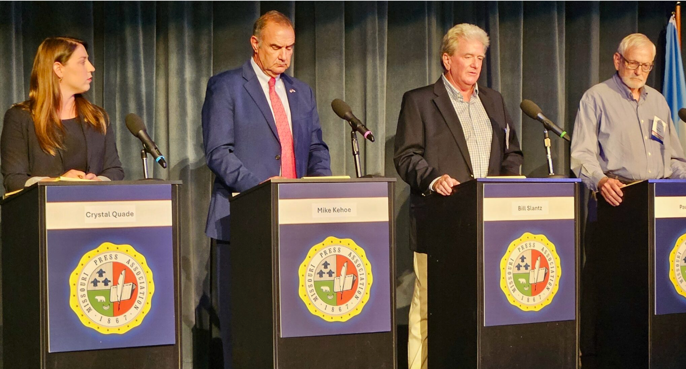  The four candidates for governor met Friday for the first, and perhaps only, debate of the campaign. Appearing are, from left, state Rep. Crystal Quade, the Democratic nominee; Lt. Gov. Mike Kehoe, the Republican candidate; Bill Slantz of the Libertarian Party; and Paul Lehmann of the Green Party (Rudi Keller/Missouri Independent).