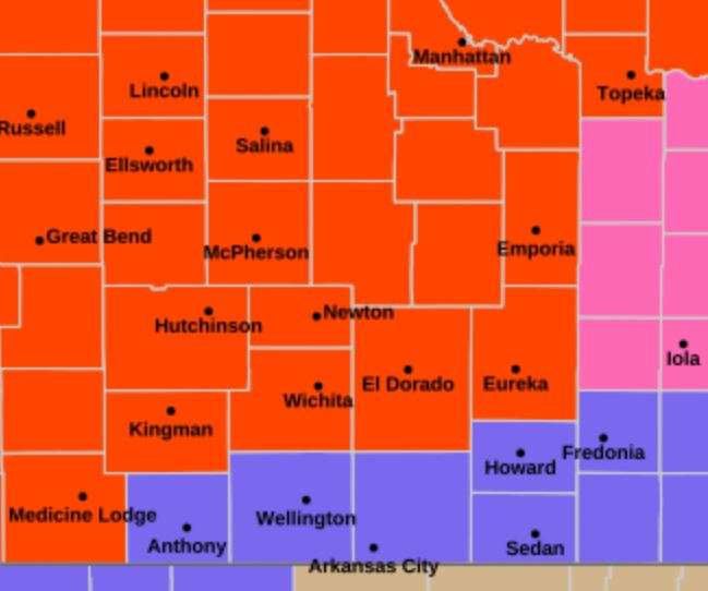 Key: Red is Blizzard Warning, Pink is Winter Storm Warning, Blue is Winter Weather Advisory.