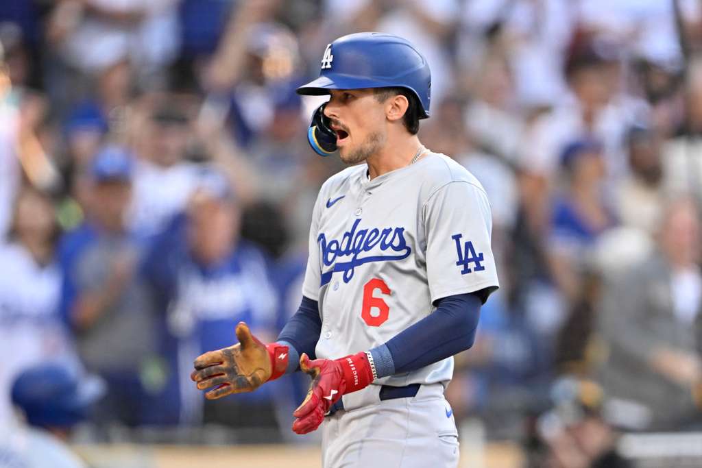 FILE - Los Angeles Dodgers second baseman Cavan Biggio (6) celebrates after hitting a solo home run during the first inning of a baseball game against the San Diego Padres, July 30, 2024, in San Diego. (AP Photo/Denis Poroy, File)