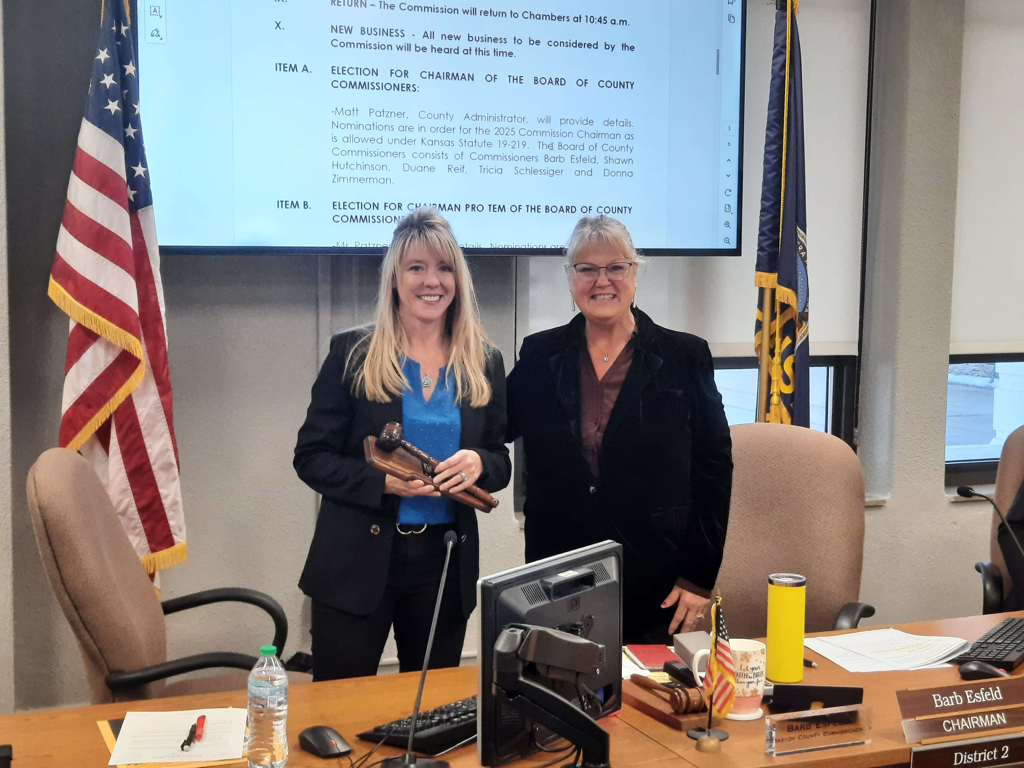 Tricia Schlessiger (left) was selected as chairperson of the Barton County Commission for 2025. Barb Esfeld held the position in 2024.