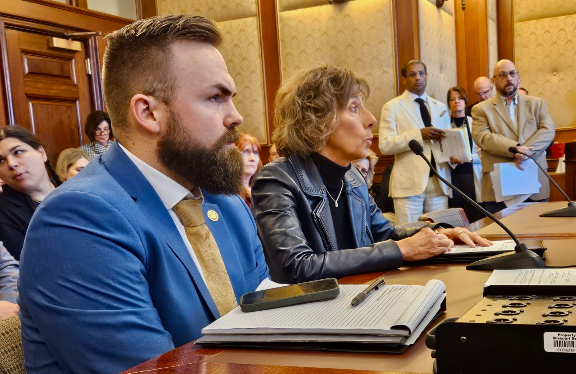 Julie Weber, right, director of the Missouri Poison Center, testifying Wednesday about the increase in children ingesting THC-laced products alongside state Sen. Nick Schroer, R-Defiance. Schroer wants to restrict the sale of hemp-derived THC products (Rudi Keller/Missouri Independent).
