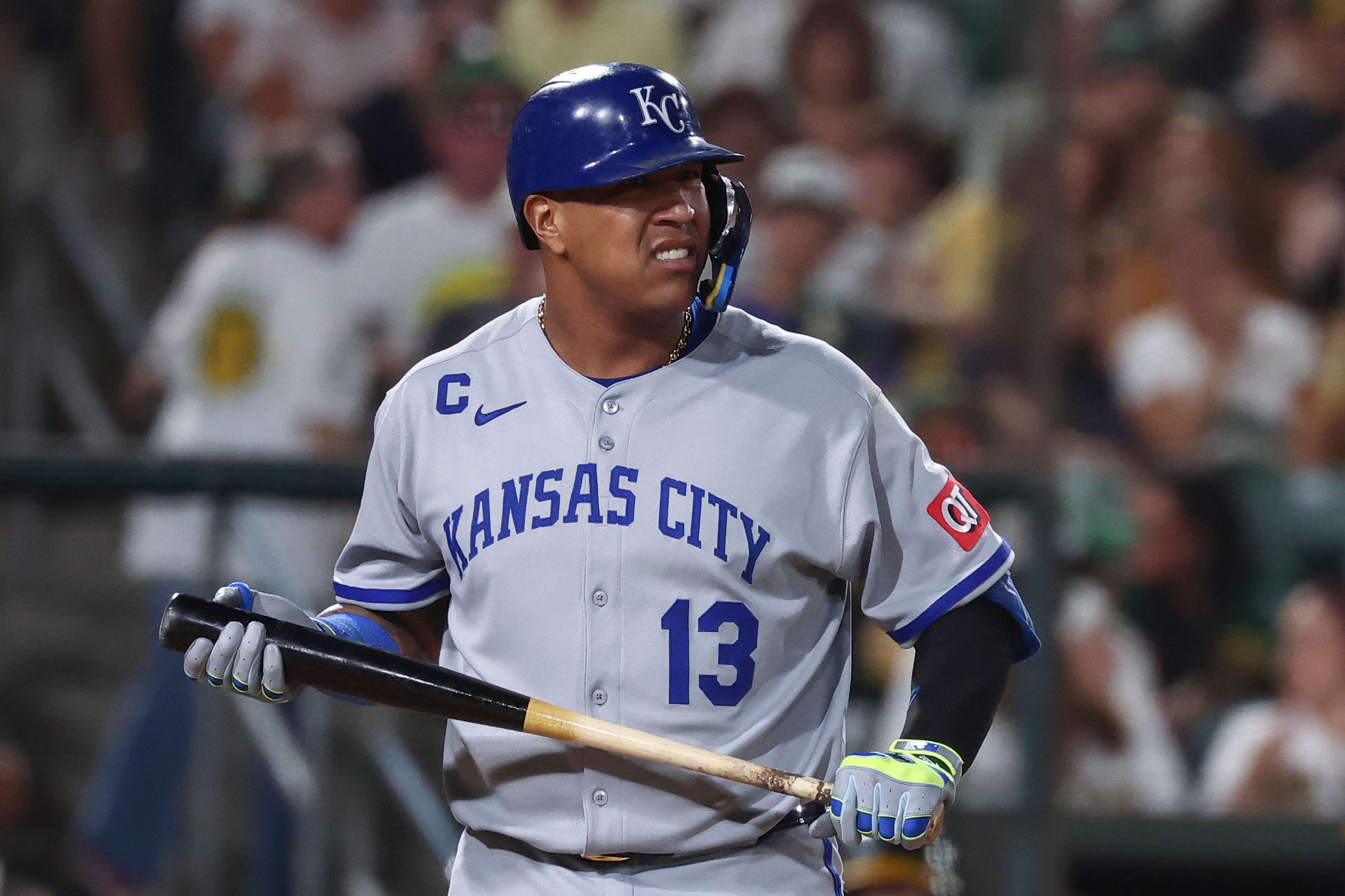Kansas City Royals' Salvador Perez looks to the scoreboard after striking out during the fourth inning of a baseball game against the Athletics Friday, Sept. 26, 2025, in West Sacramento, Calif. (AP Photo/Sara Nevis)