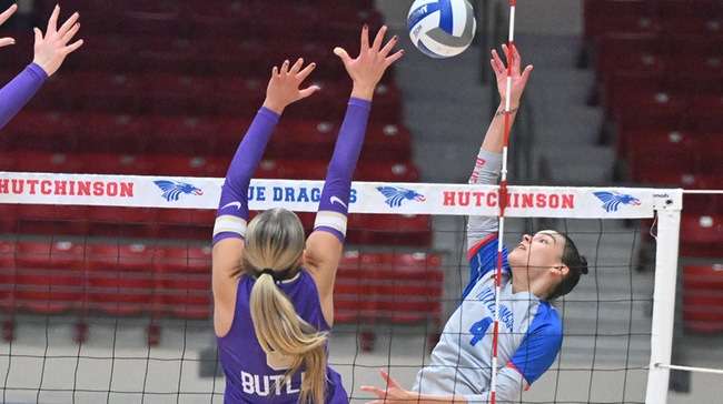 Sophomore Alondra Villanueva had a career-high 30 kills on 70 attacks in a five-set KJCCC loss by the Blue Dragon Volleyball team to Butler on Wednesday at the Sports Arena (Andrew Carpenter/Digital Fox Photography)