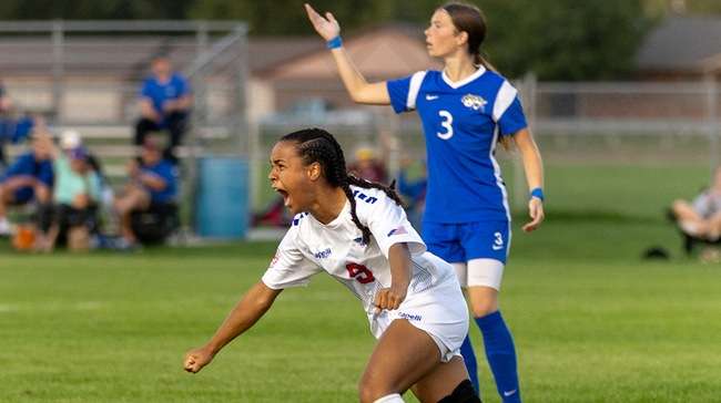 Blue Dragon sophomore Beatrice Salas reacts after scoring her first career goal, which turned out to be the game-winning goal, in the Blue Dragons' 2-0 KJCCC win over Barton on Wednesday at the Salthawk Soccer Complex. (Sydney Holzrichter/Blue Dragon Sports Information).