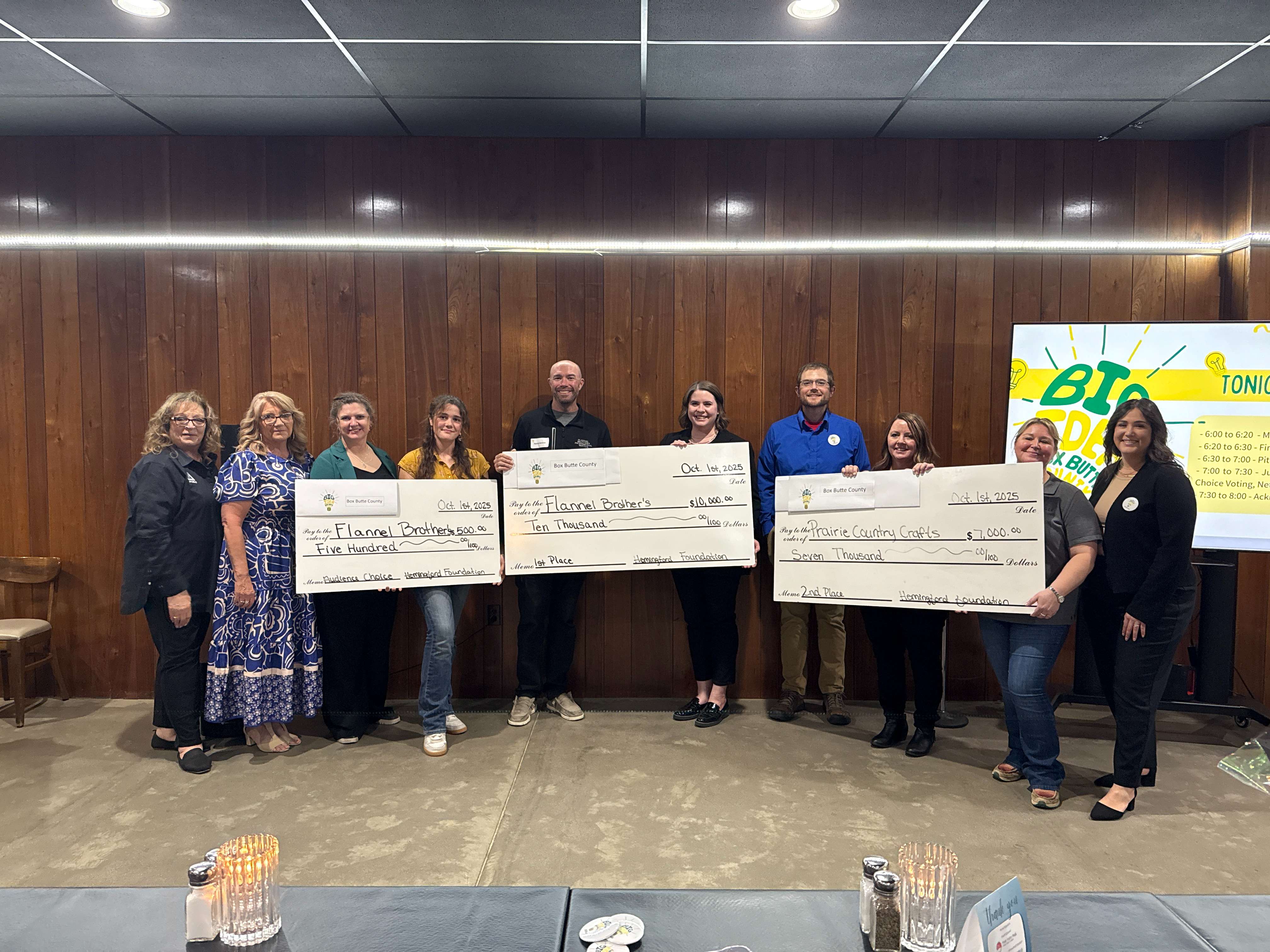 Patrick Hartman and Heather Edwards celebrate being selected for prize funding at the 2025 Box Butte County Big Idea event on Monday, Oct. 1, 2025. Photo credit Jake Schrantz/Eagle Media.
