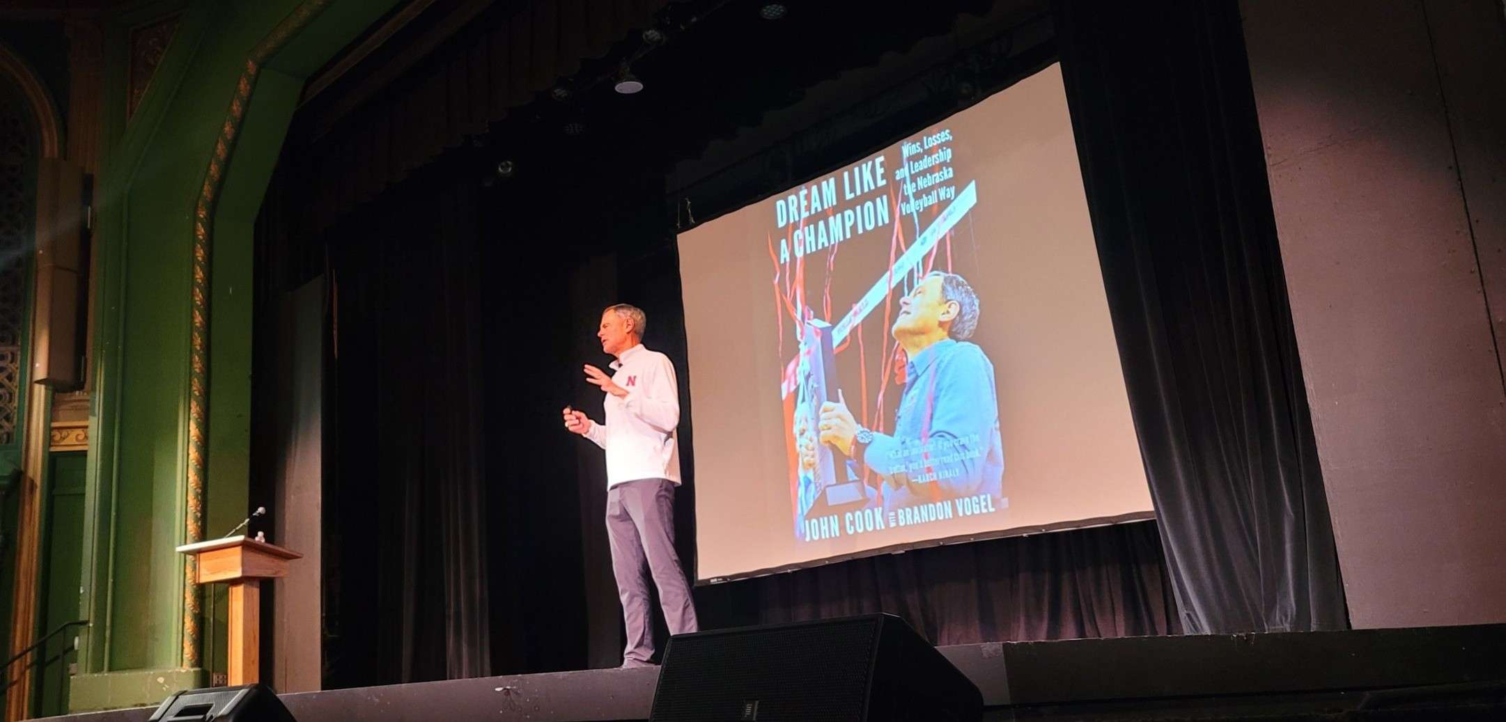 John Cook speaks before the Annual North Platte Chamber &amp; Development Corporation Meeting Oct. 1 at the Fox Theatre to an audience of over 600. (Courtesy North Platte Area Chamber &amp; Development Corporation.)