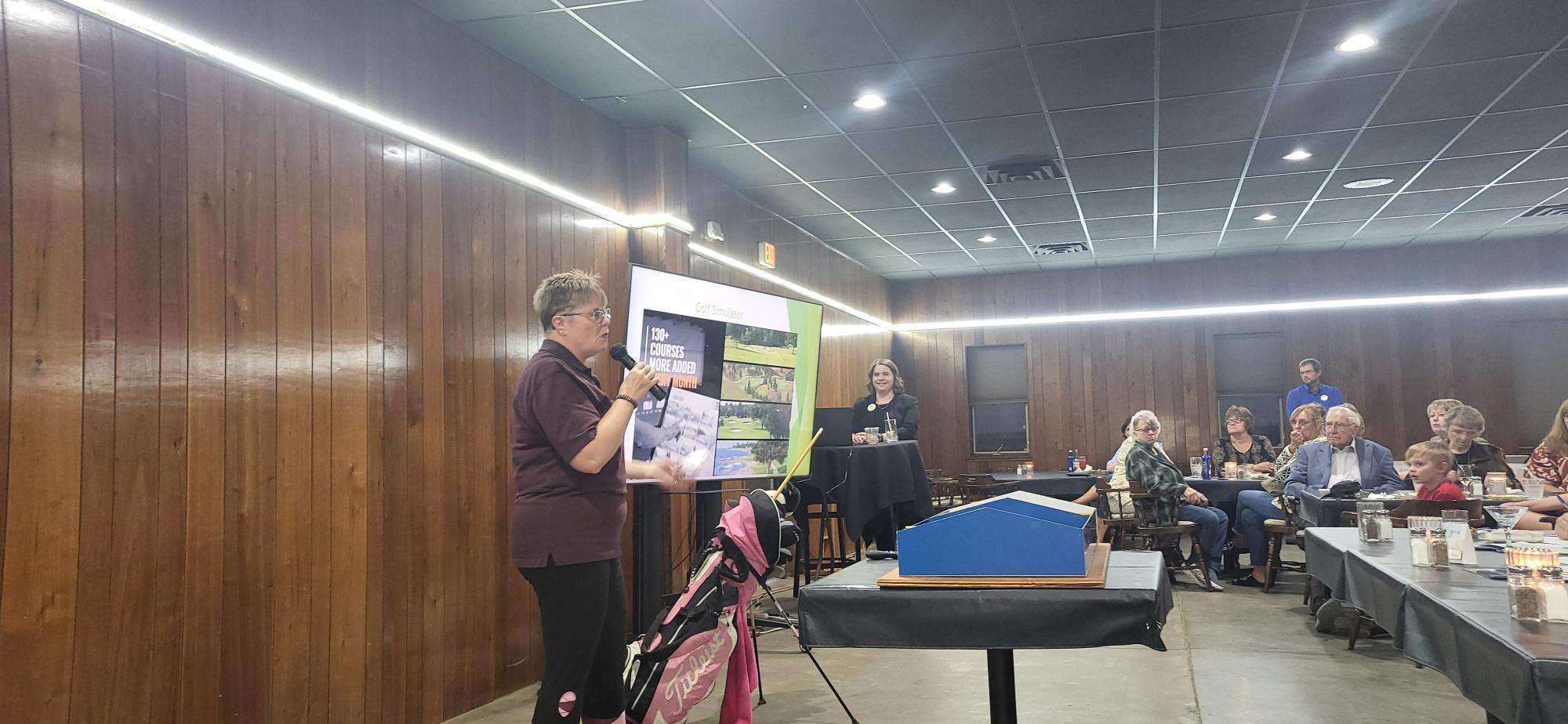 Tammy Griffee &amp; Gary Griffee pitch a members-only bottle club business in front of the panel of judges at the 2025 Box Butte County Big Idea event in Alliance, Nebraska on Wednesday, Oct. 1, 2025. Photo credit Olivia Hasenauer/Eagle Media.