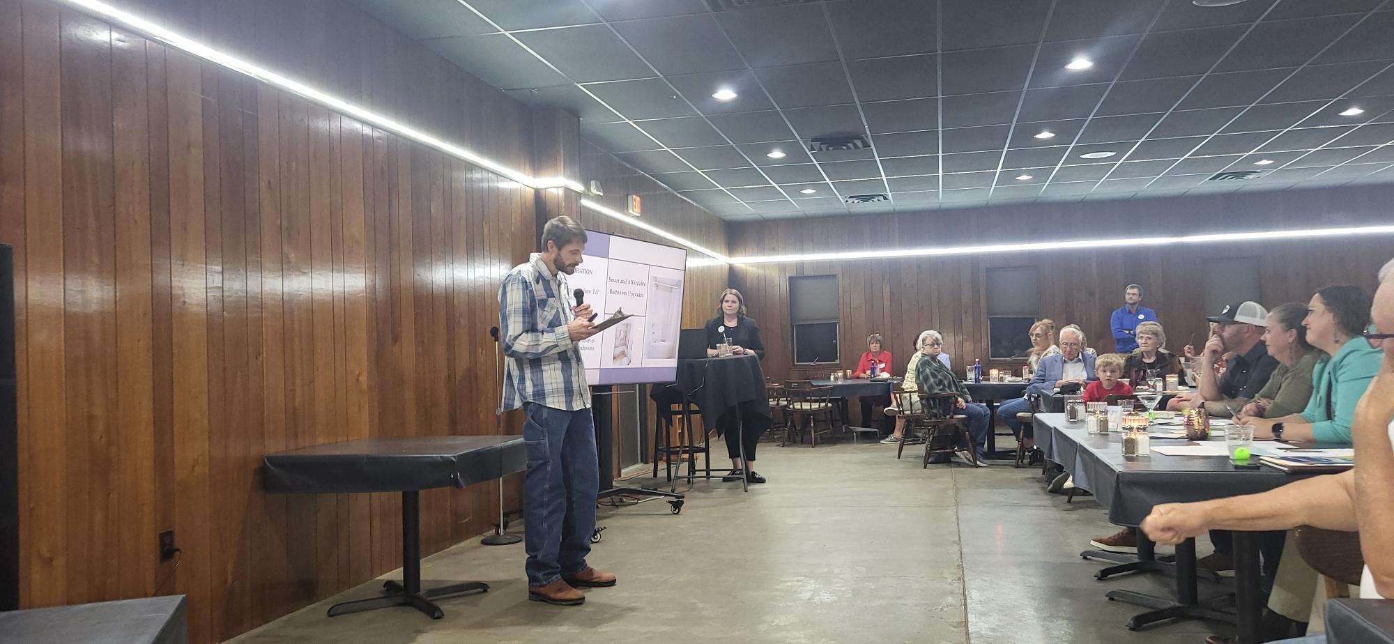Daniel Curtis explains the benefits of his affordable bathroom repair business idea to the judges at the 2025 Box Butte County Big Idea event in Alliance, Nebraska on Wednesday, Oct. 1, 2025. Photo credit Olivia Hasenauer/Eagle Media.