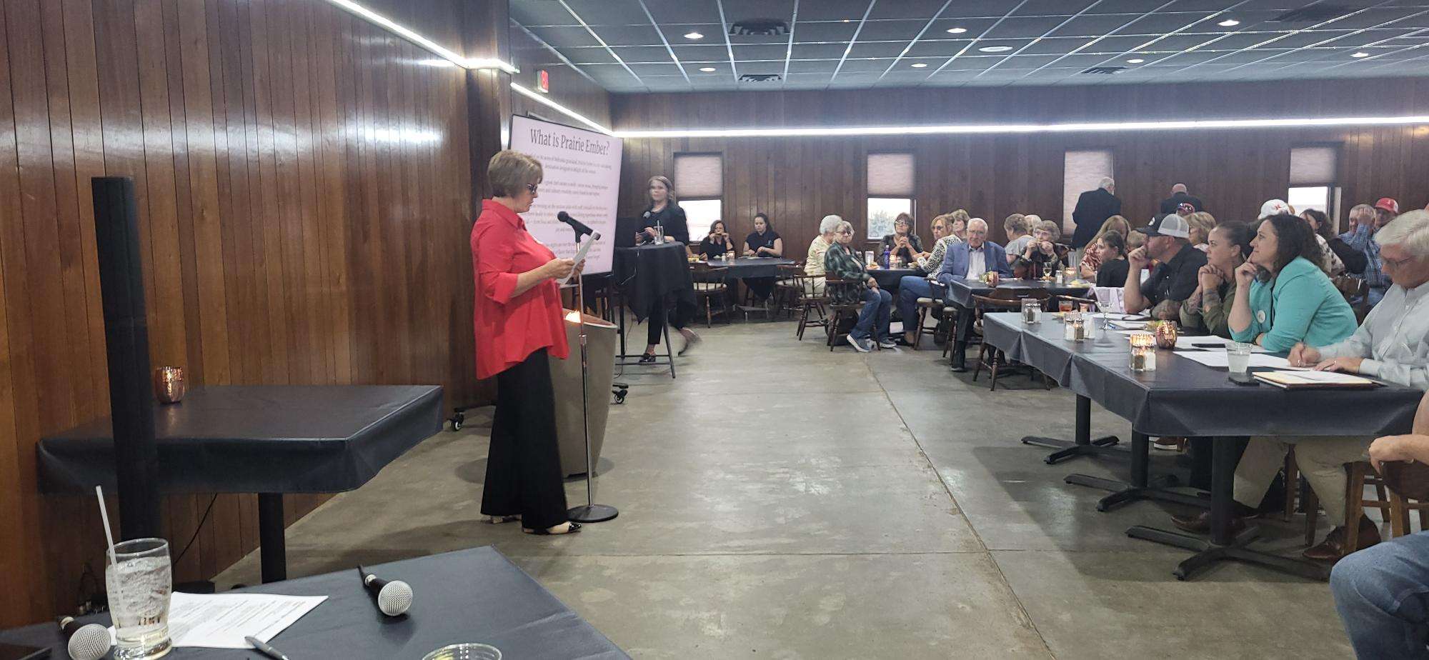 Tory McVicker showcases the possibilities of her restaurant that would feature rotating chefs from outside of Nebraska to the judges at the 2025 Box Butte County Big Idea event in Alliance, Nebraska on Wednesday, Oct. 1, 2025. Photo credit Olivia Hasenauer/Eagle Media.