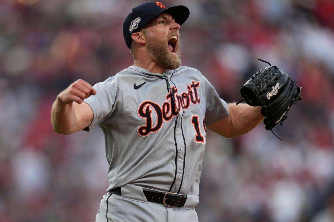 Detroit Tigers relief pitcher Will Vest (19) celebrates after forcing the final out of Game 3 of the American League Wild Card baseball playoff series against the Cleveland Guardians in Cleveland, Thursday, Oct. 2, 2025. (AP Photo/Sue Ogrocki)