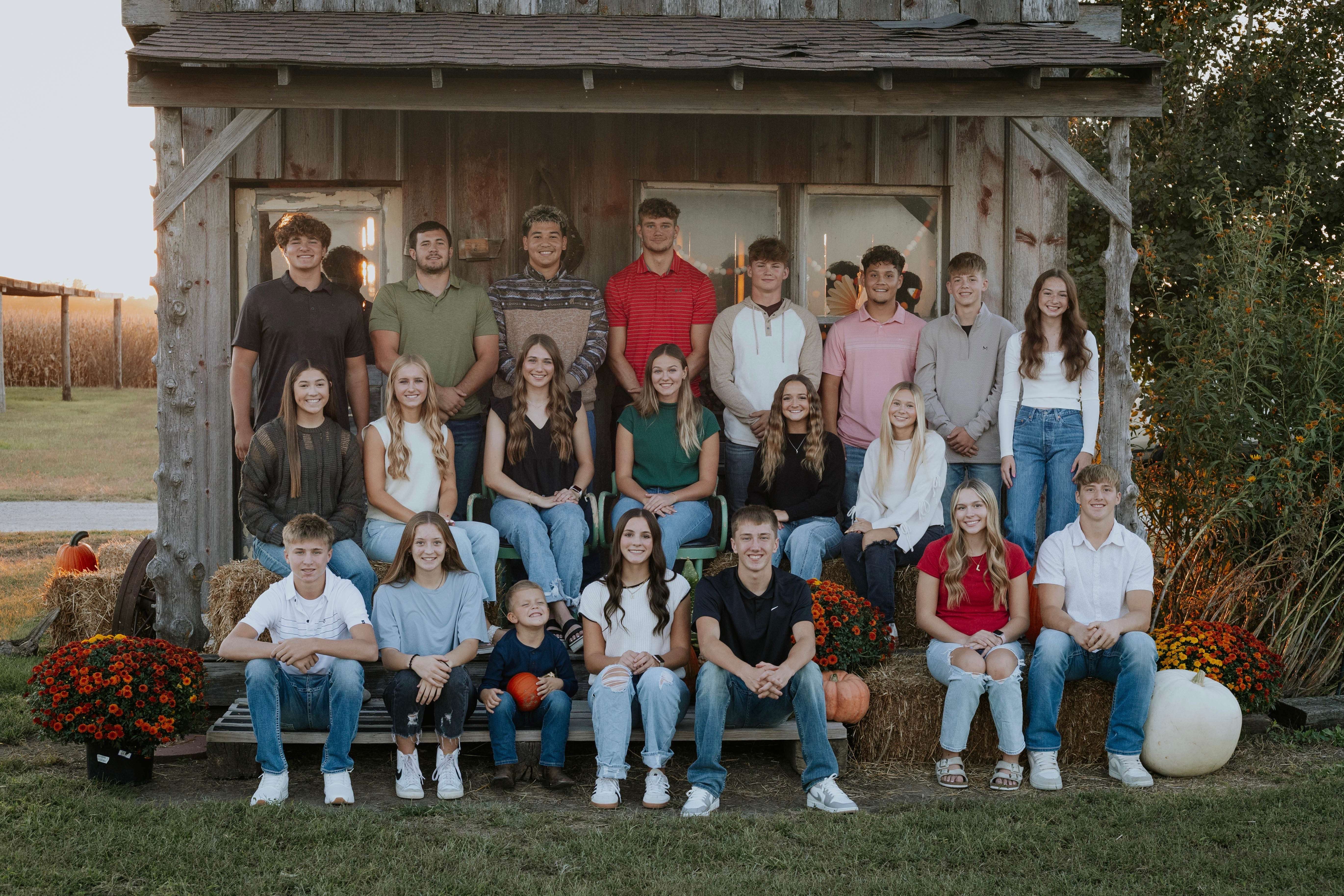 Front row: Gavin Wondra, Hallie Rodriguez, Meyer DeForest (crown bearer), Emma Fanshier, Luke Beck, Lanie Haselhorst, and Grant Watkins.&nbsp;Middle Row: Jimena Montes, Ava Kaiser, Katherine Mazouch, Kimmy Hofflinger, Reese Bullard, and Makayla Suppes.&nbsp;Back Row: Kale Kern, Trenton Kern, Eli Contreras, Ian Premer, Hayden Kelly, Omar Razo, Spencer Brown, and Emma Snapp. Not pictured: Presley Winter, flower girl. (photo by Gerrie Meyer with special thanks to Long's Pumpkin Patch).