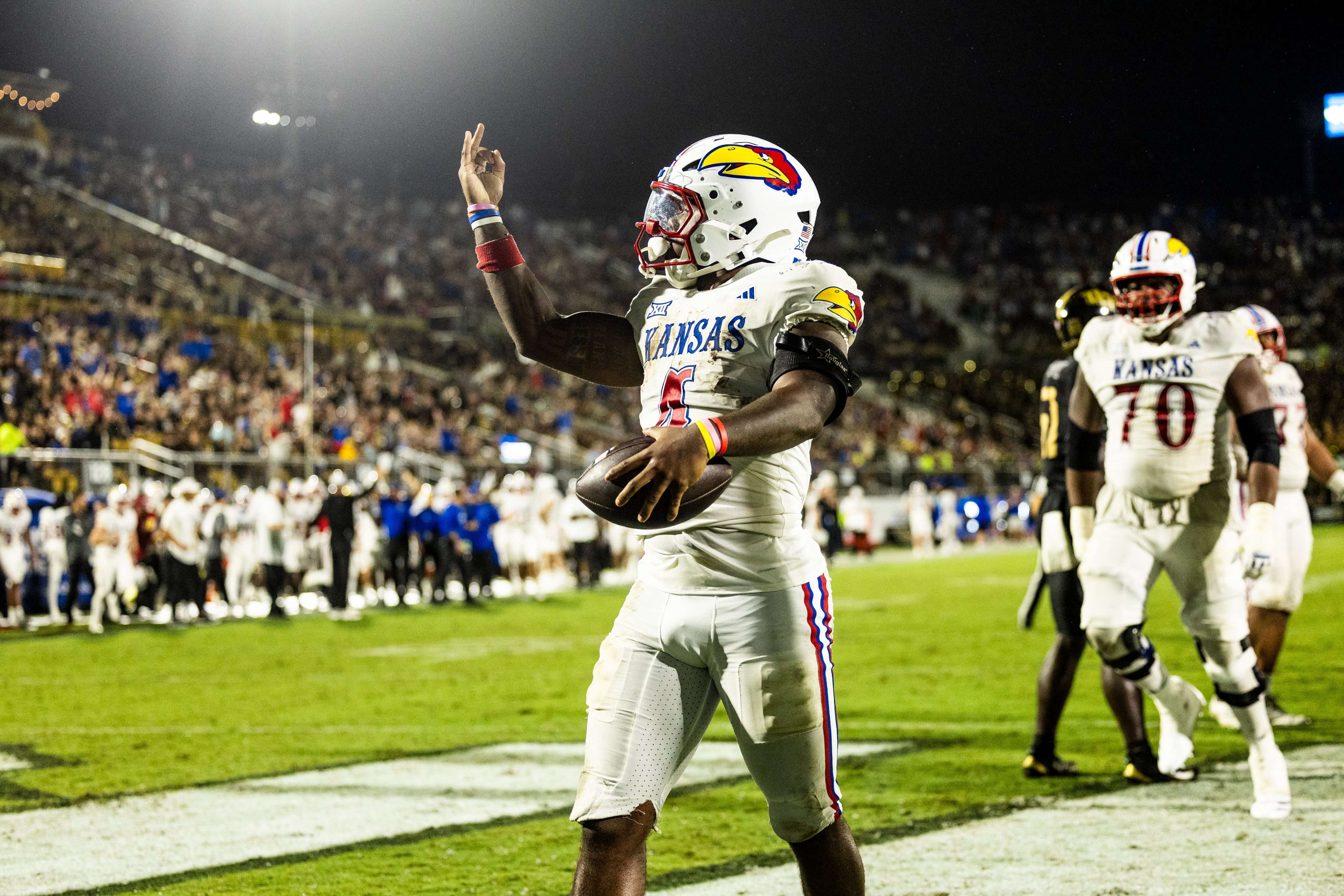 Kansas running back Leshon Williams scored three touchdowns as the Jayhawks beat UCF 27-20 behind a strong defensive effort late on Saturday/ Photo courtesy of KU Football on X
