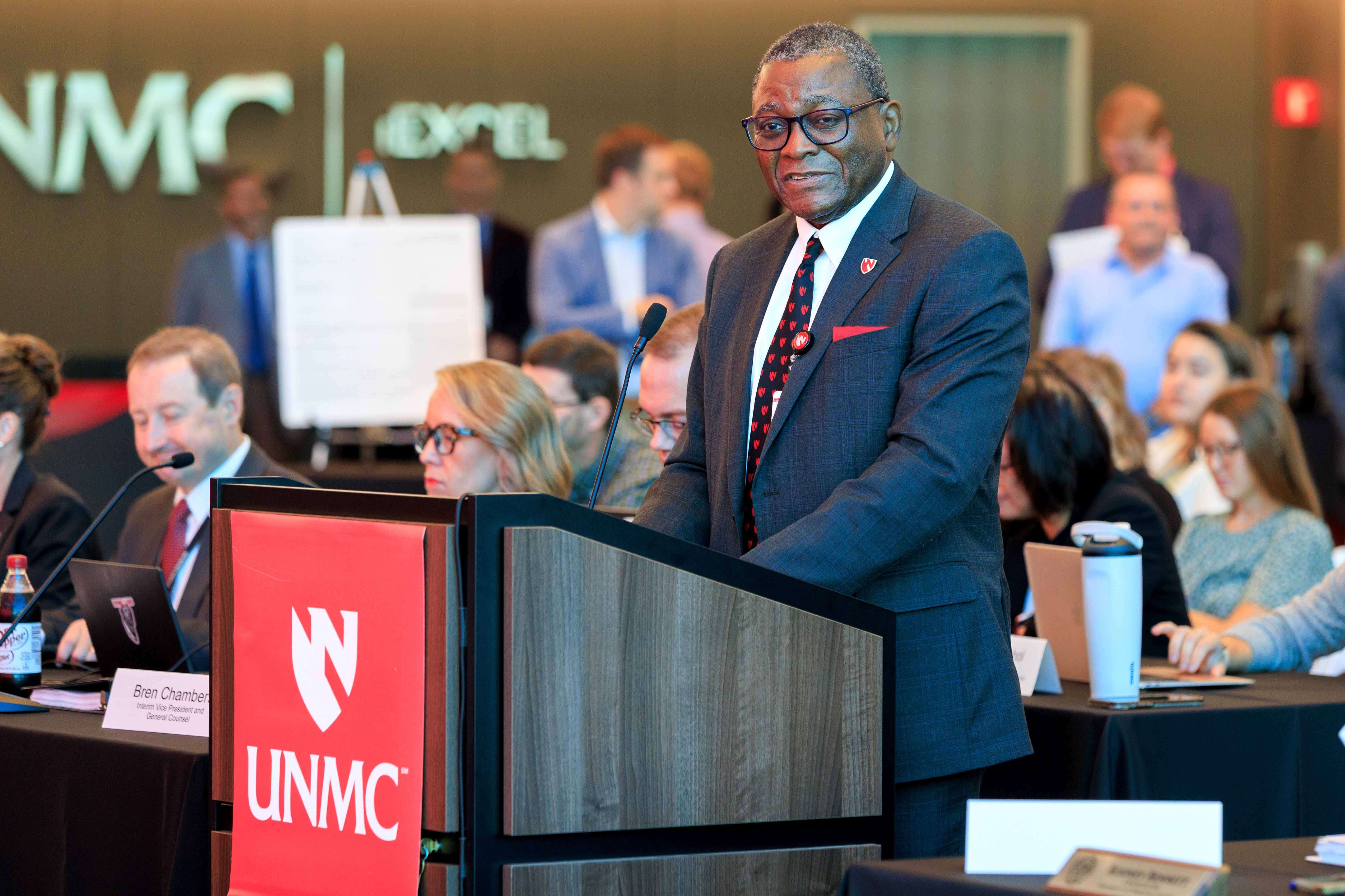University of Nebraska Medical Center Interim Chancellor H. Dele Davies, MD, addresses the Board of Regents Friday.