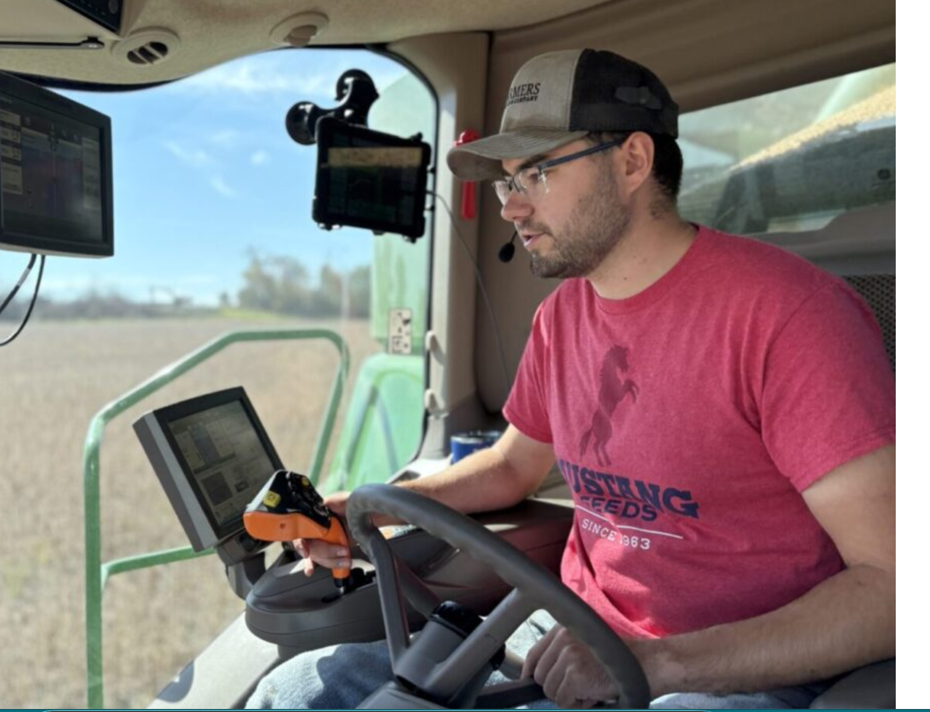 Andrew Streff drives his combine while harvesting soybeans on Sept. 29, 2025, near Salem. (Joshua Haiar/South Dakota Searchlight)