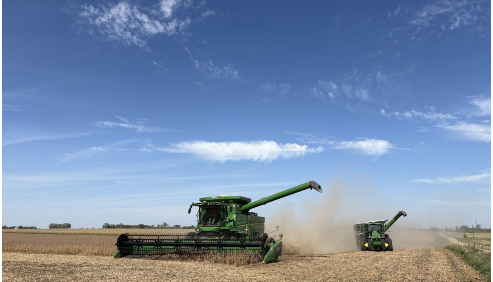 Andrew Streff drives his combine while harvesting soybeans on Sept. 29, 2025, near Salem. (Joshua Haiar/South Dakota Searchlight)