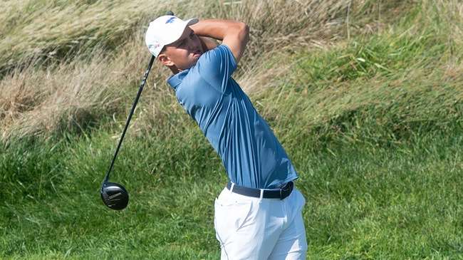 Freshman Grant Hatzenbuehler shoots a second-round 71 to lead the No. 3-ranked Blue Dragon men's golf team at the Grier Jones Shocker Invitational on Monday at Sand Creek Station in Newton. (Steve Carpenter/Blue Dragon Sports Information)