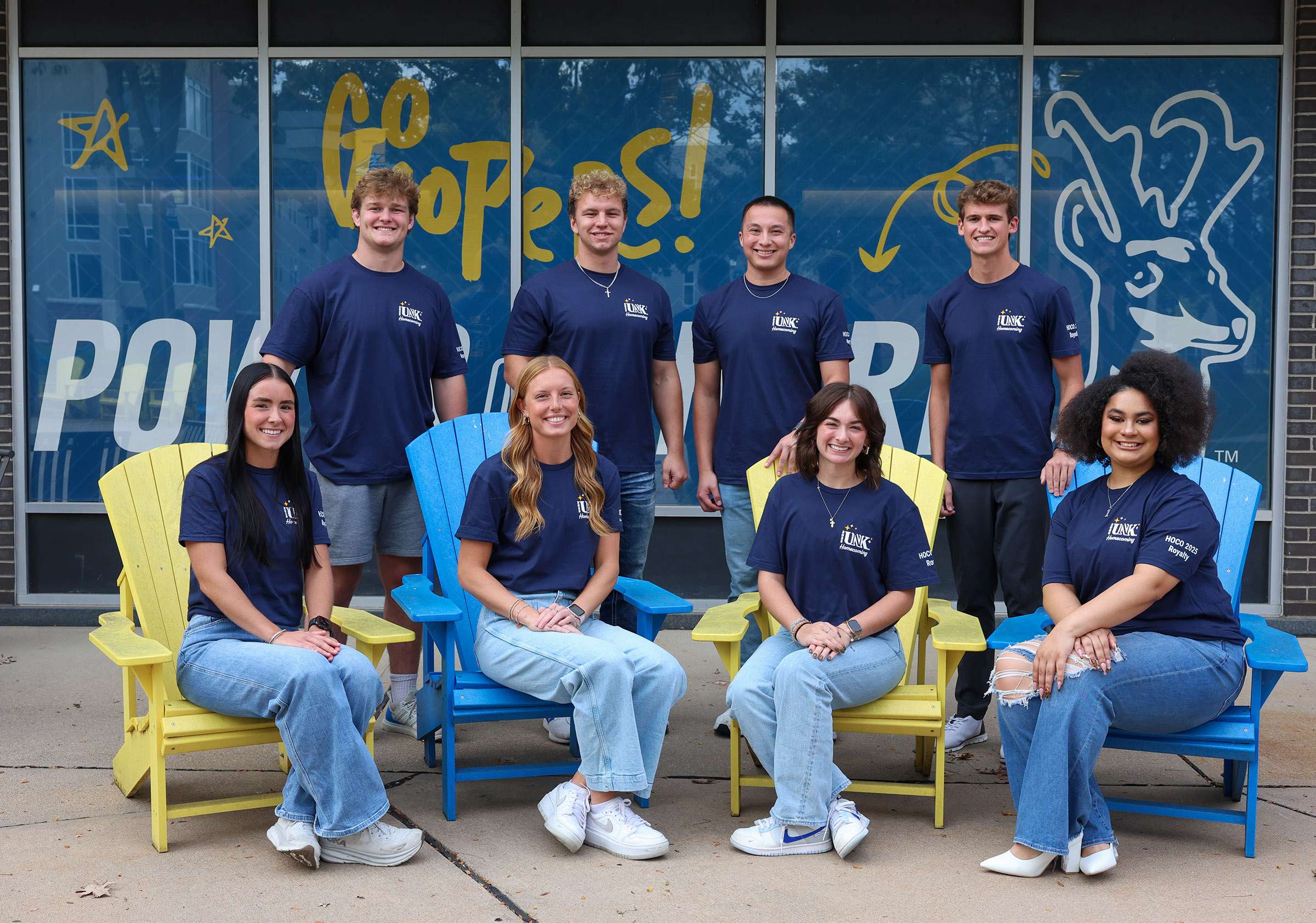 Finalists for UNK homecoming royalty are, front row from left, Ally Sedlacek, Jenna Rauert, Grace Maloley and Avery Laing; back row from left, Jack Allen, Sam Schroeder, Josiah Gonzales and Ean Luebbe. (Photo by Erika Pritchard, UNK Communications)