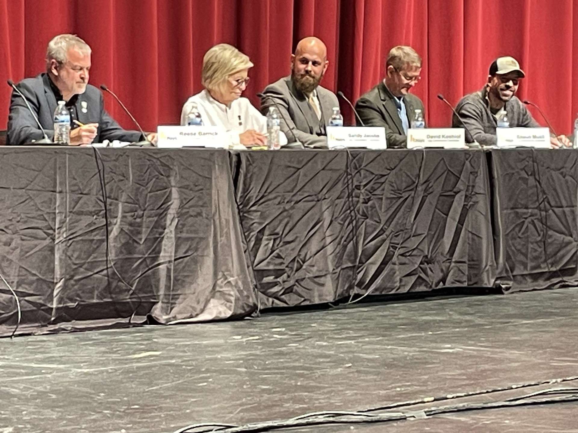 Reese Barrick, Sandy Jacobs, David Koshiol, Shaun Musil and David Vilaysing participated in Monday's Hays City Commission Forum. Photo by Becky Kiser/Hays Post