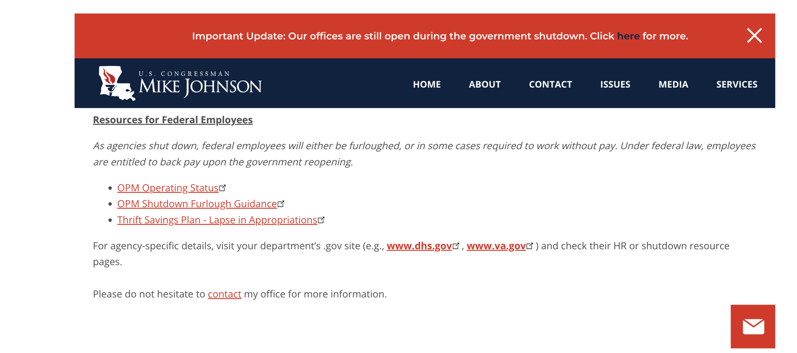 U.S. House Speaker Mike Johnson’s website on Oct. 7, 2025, stating, “Under federal law, employees are entitled to back pay upon the government reopening.” (States Newsroom screenshot)