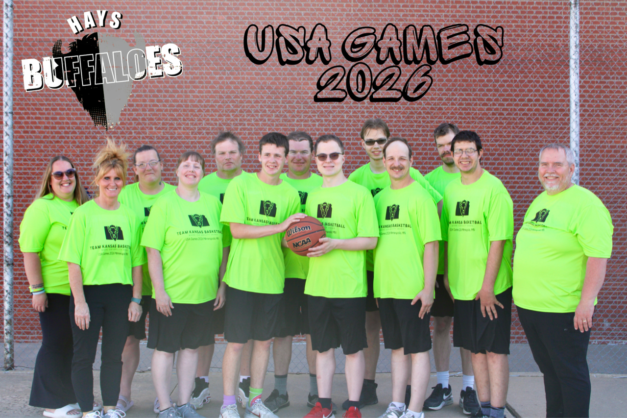 Hays Buffaloes Special Olympics USA Games basketball team with coaches. Photo courtesy Hays Buffaloes