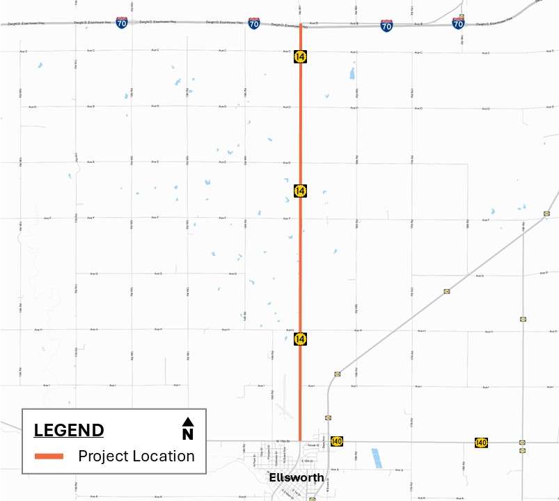 Resurfacing road work project in Ellsworth Co. starting Thursday, October 9. Courtesy of KDOT