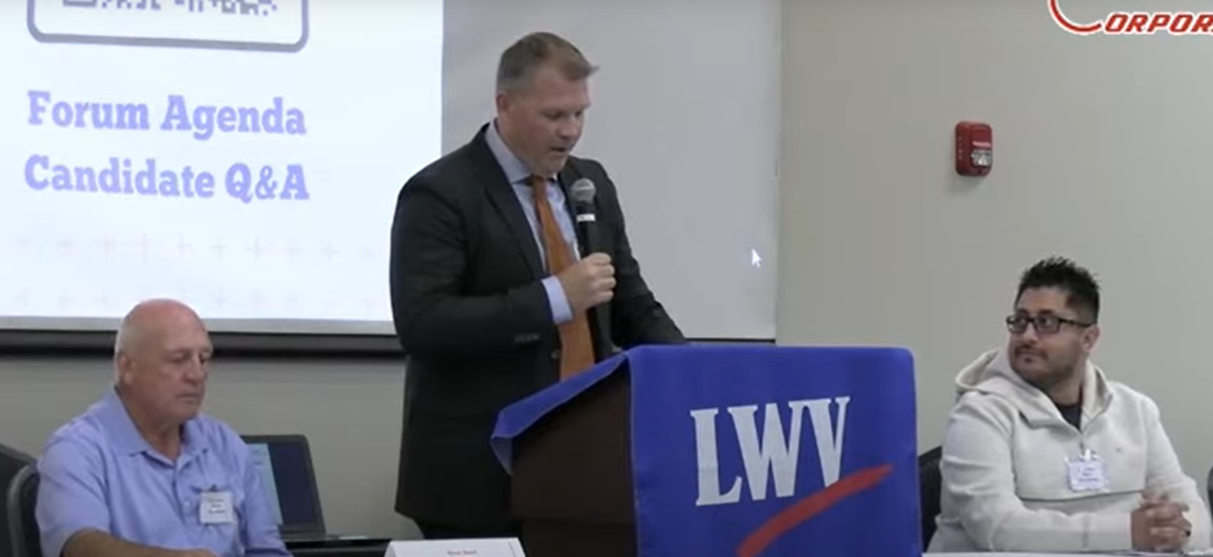 Barton County Counselor Patrick Hoffman mediated Tuesday's candidate forum, hosted by the League of Women Voters, at the Great Bend Events Center. Candidates in attendance include Great Bend mayoral candidates Alan Moeder (left) and Davis Jimenez).