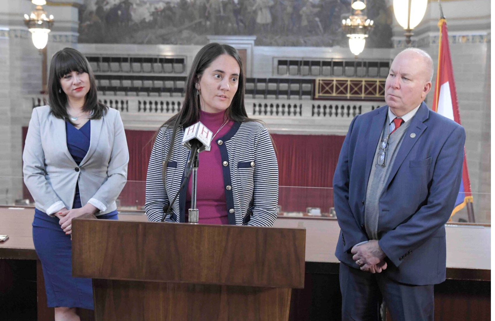 Rep. Betsy Fogle, D-Springfield, speaks at a press conference Feb. 13 (Tim Bommel/Missouri House Communications).