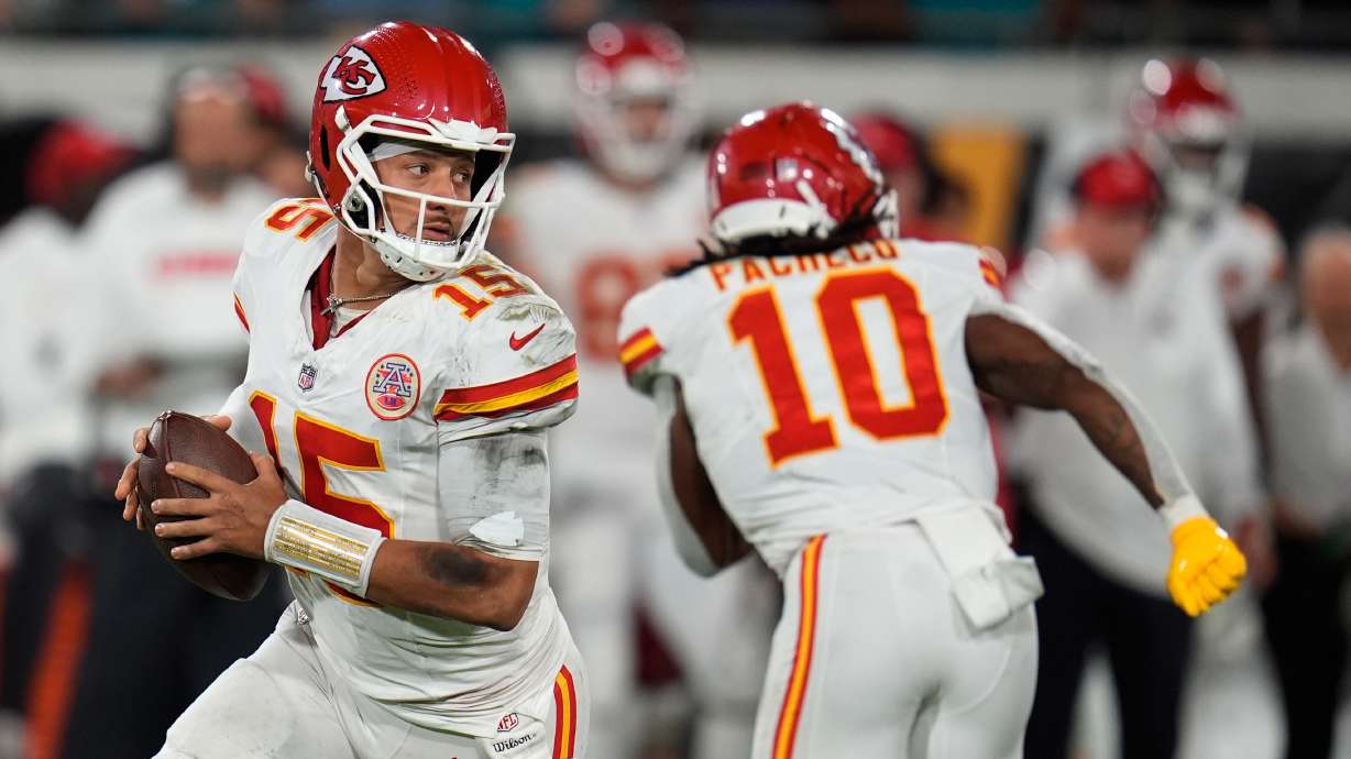 Kansas City Chiefs quarterback Patrick Mahomes (15) looks to pass during the second half of an NFL football game against the Jacksonville Jaguars, Monday, Oct. 6, 2025, in Jacksonville, Fla. (AP Photo/John Raoux)