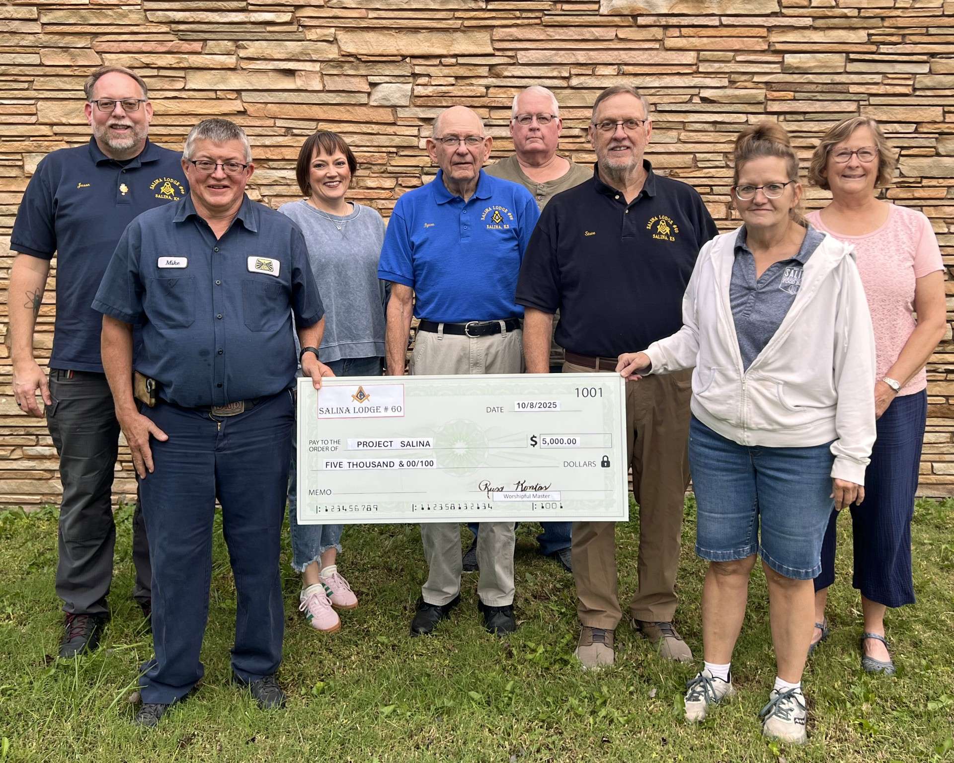 <b>Left to Right</b>: Jason Bathon (Salina Lodge 60), Mike Paul (Project Salina President), Jamie Shaw (Project Salina Board Member), Byron Erickson (Salina Lodge 60), Paul McAfee (Project Salina Board Member), Steve Miles (Salina Lodge 60), Janie Morris (Project Salina Vice President) and Lisa Ochs (Project Salina Board Member). Courtesy of Project Salina.