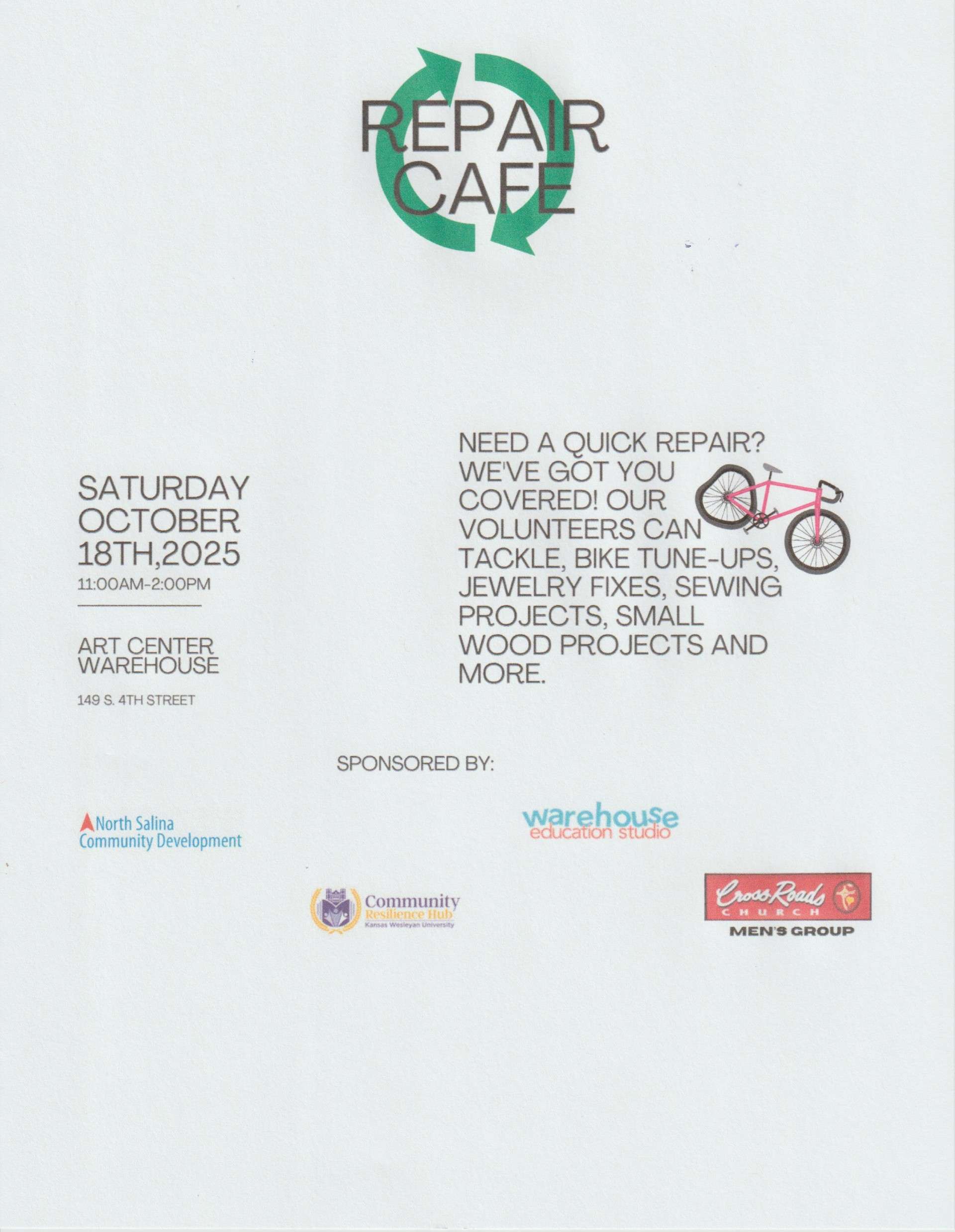 Fall Repair Cafe occurring at the <b>Salina Art Center Warehouse (149 S. 4th) </b>from <b>11:00 am - 2:00 pm</b> on <b>Saturday, October 18.</b>