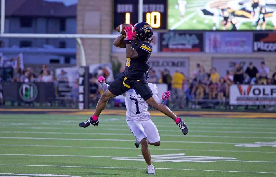 Fort Hays State wide receiver Tariq Logan makes a catch in the first half of an NCAA college football game against Central Oklahoma on Saturday, October 11, 2025 at Lewis Field in Hays, Kan. (FHSU Athletics photo/Jordyn Bredenberg)