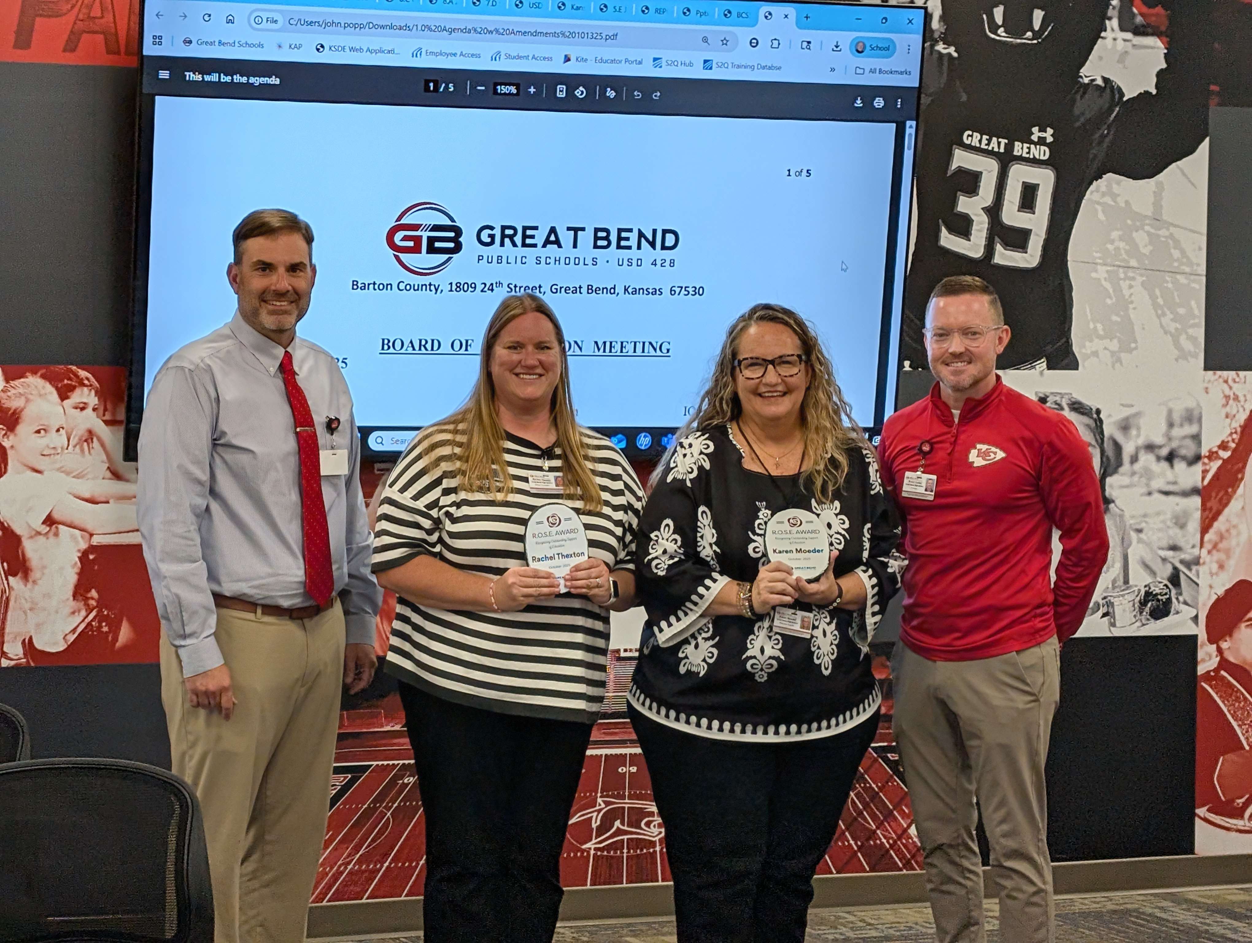 From left, USD 428 Superintendent Khris Thexton, Great Bend High School educators Rachel Thexton, and Karen Moeder, and GBHS Principal Brock Funke. The two educators were recognized by the USD 428 Board of Education Monday night for their quick reactions to a Sept. 12 fire at GBHS.
