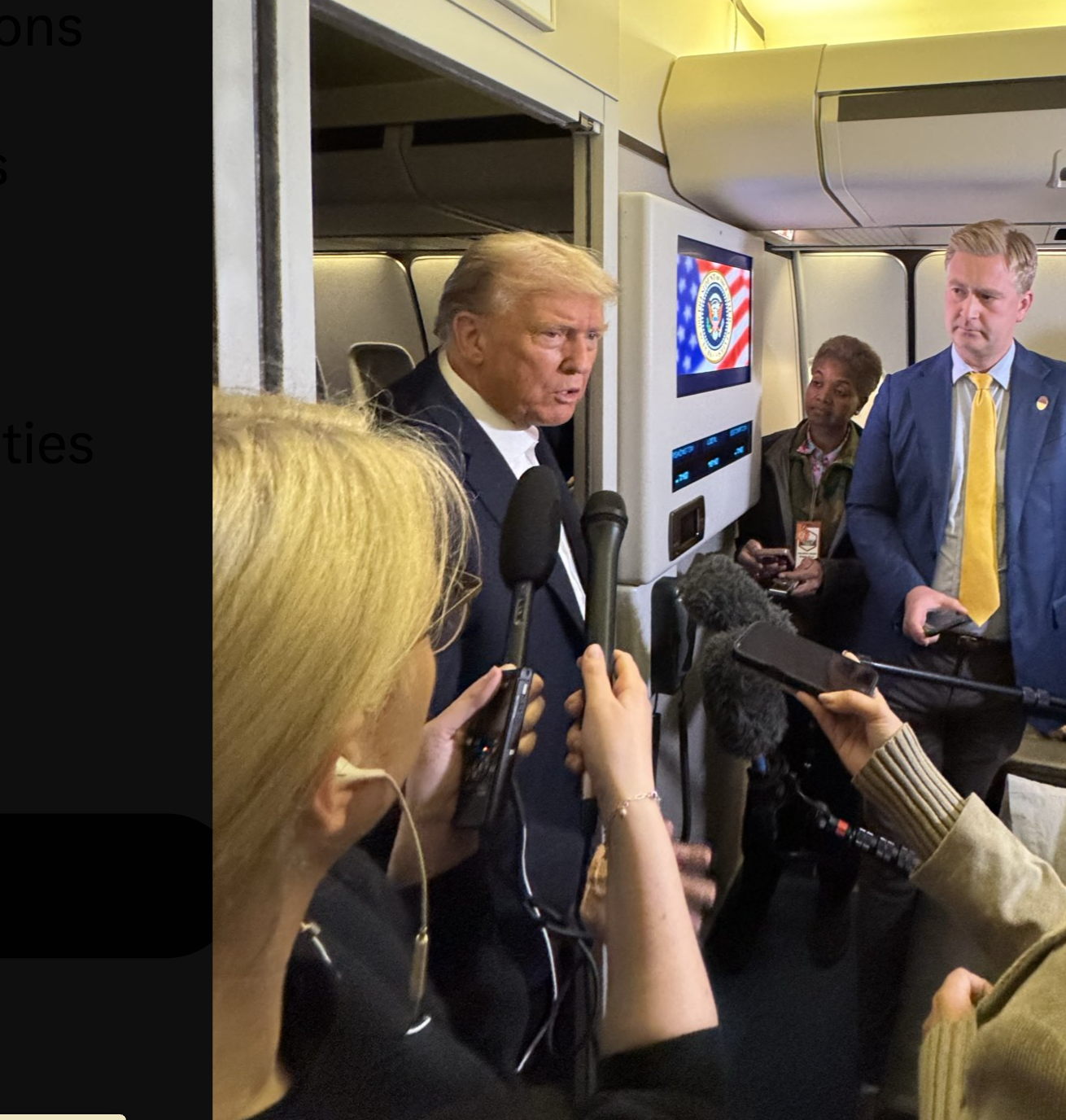 President Trump speaking to reporters aboard Air Force One on the way home from Egypt- White House photo