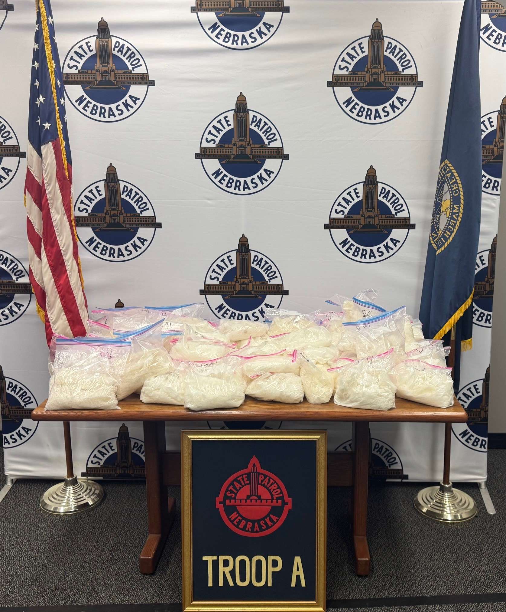 Nebraska State Patrol arrested a Georgia woman after locating 130 lbs of methamphetamine in eastern Nebraska Saturday, Oct. 11.