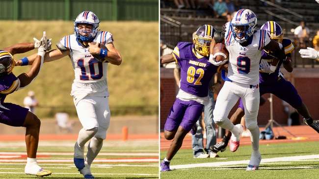 Christian Johnson (left) was named the KJCCC Offensive Player of the Week and Kordell Gouldsby (right) was named the KJCCC Defensive Player of the Week after the No. 1 Blue Dragons' 44-3 win over Dodge City on Saturday.