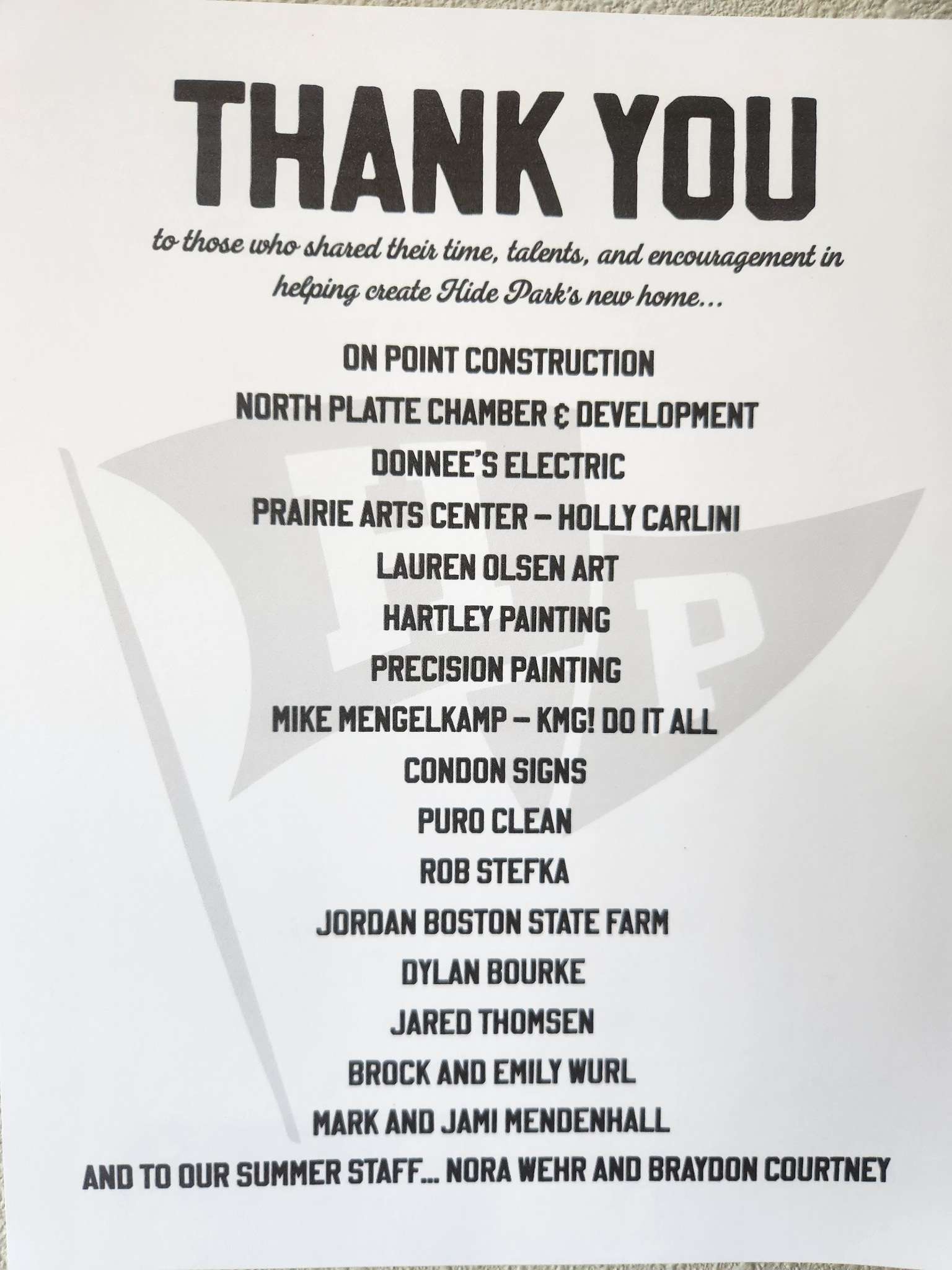Hide Park Apparel posted a sign to thank everyone who had a hand in where the business is today. 