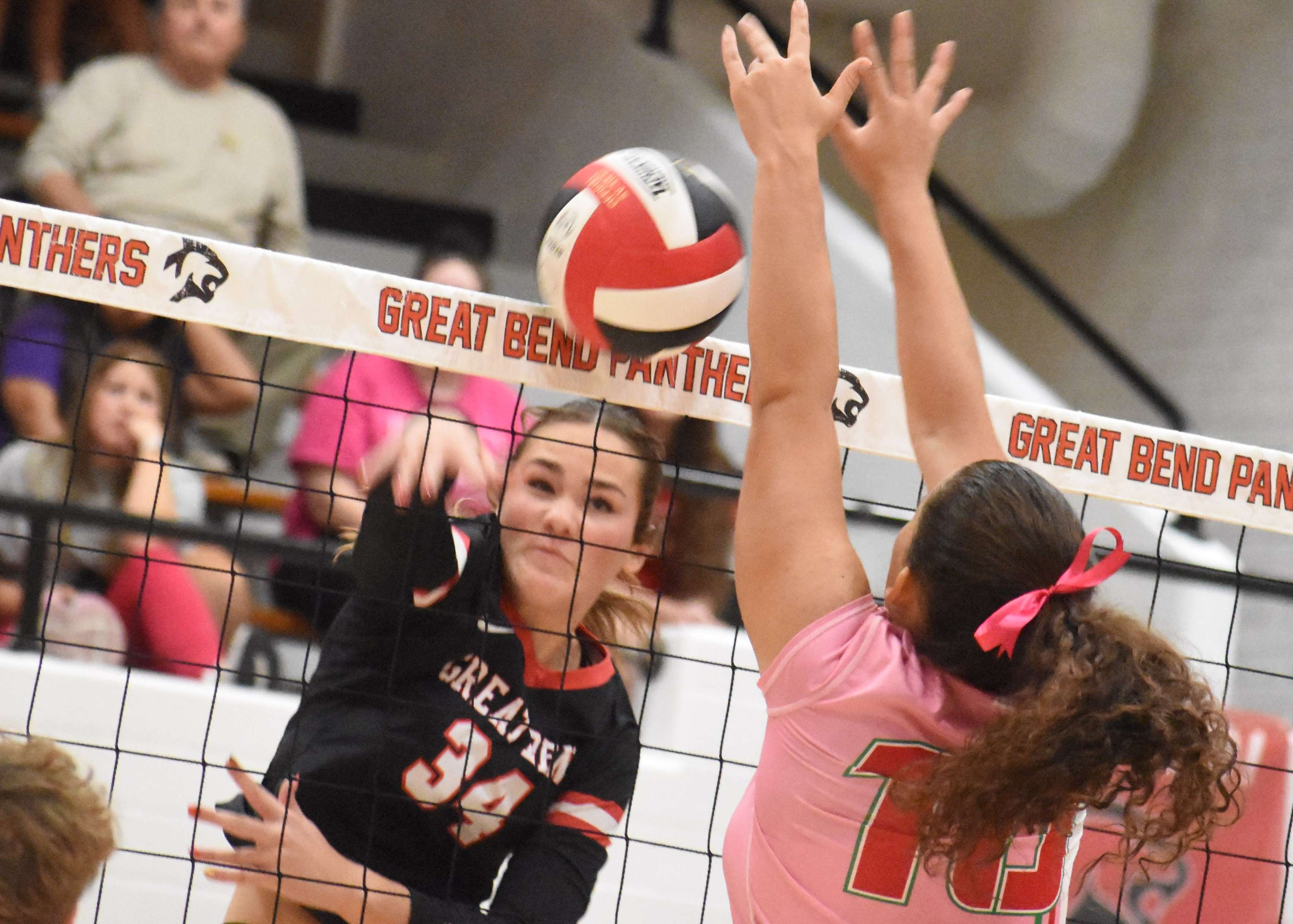 Great Bend freshman Stevie Mayers goes up for a point during Tuesday's Senior Night win against Smith Center.