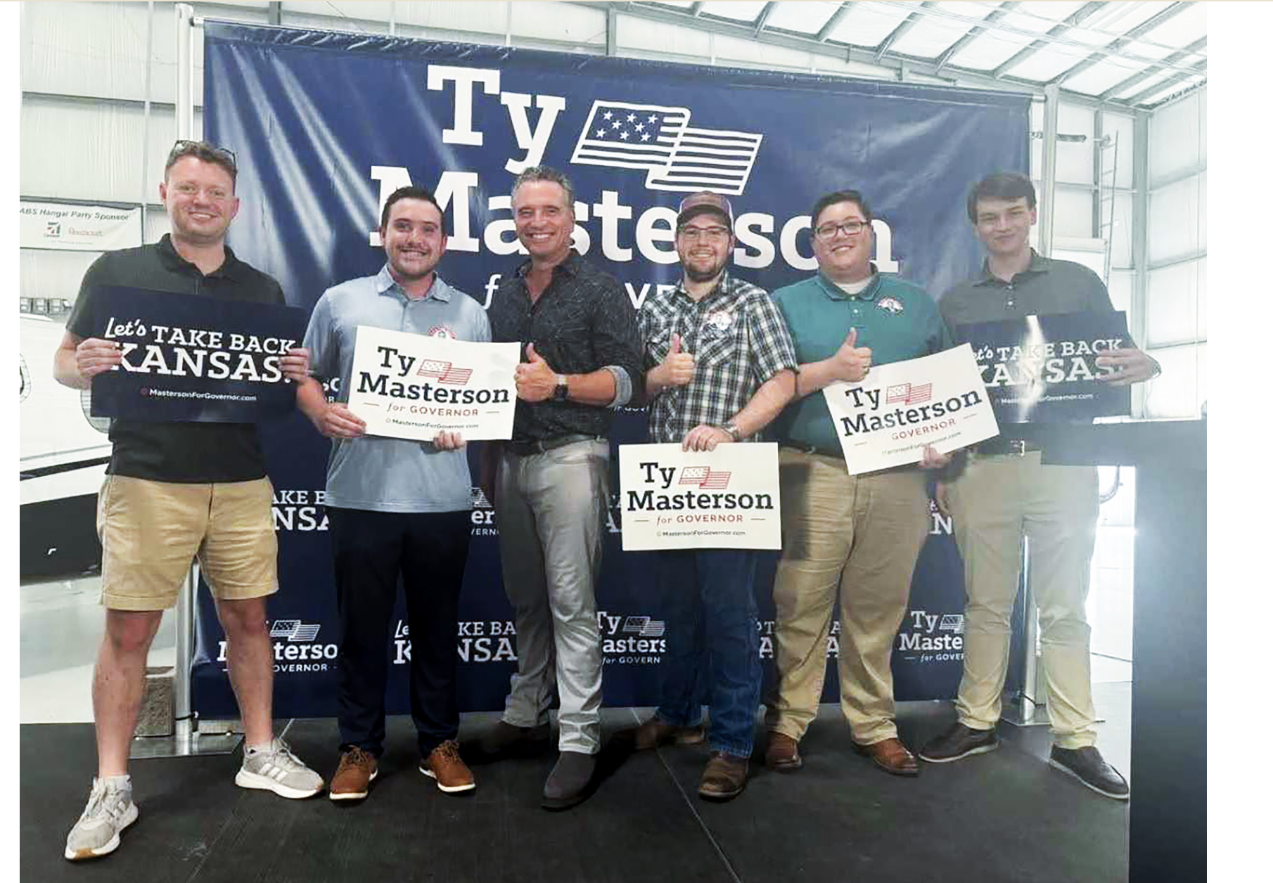 An image from Senate President Ty Masterson’s announcement of his campaign for Kansas governor includes Kansas Young Republicans chair Alex Dwyer, far left, and vice chair William Hendrix, second from right. Politico reports Dwyer and Hendrix took part in a private Telegram chat with other state GOP leaders touting racist, violent and antisemitic ideas such as “I love Hitler” and “They love the watermelon people.” (Submitted)