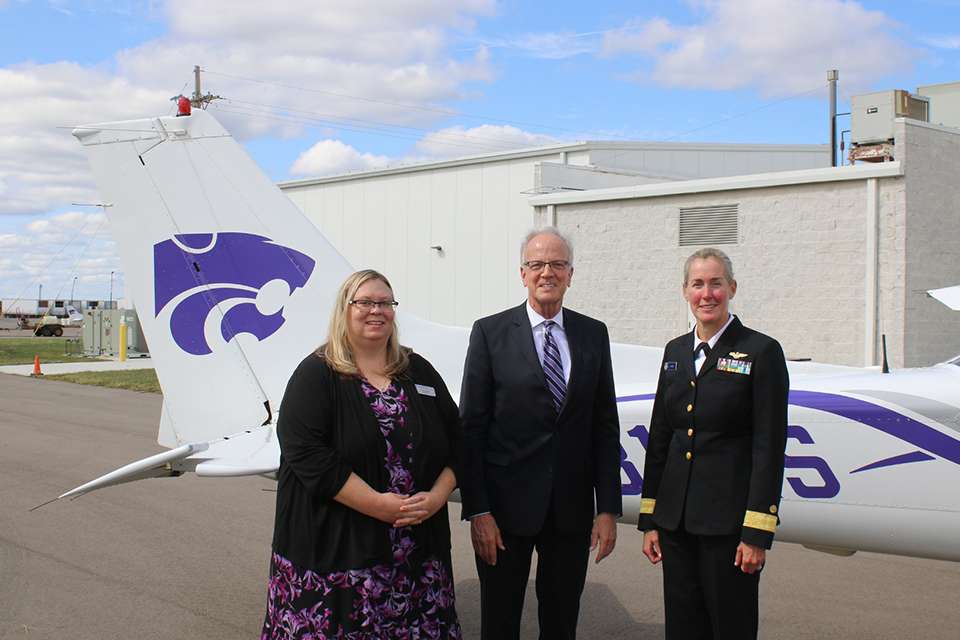 At an official signing between the K-State Salina campus and the National Oceanic and Atmospheric Administration, or NOAA, in 2021. Alysia Starkey, left, stands with U.S. Senator Jerry Moran and NOAA Rear Admiral Nancy Hann. Courtesy of KSU Salina