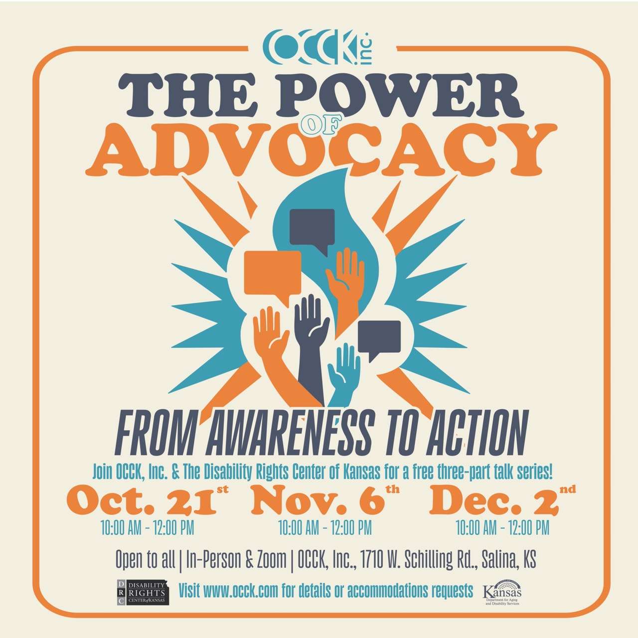 OCCK partnering with the Disability Rights Center of Kansas (DRC) to host "The Power of Advocacy- From Awareness to Action" on October 21, November 6 and December 2, 2025. Courtesy of OCCK Large.jpeg
