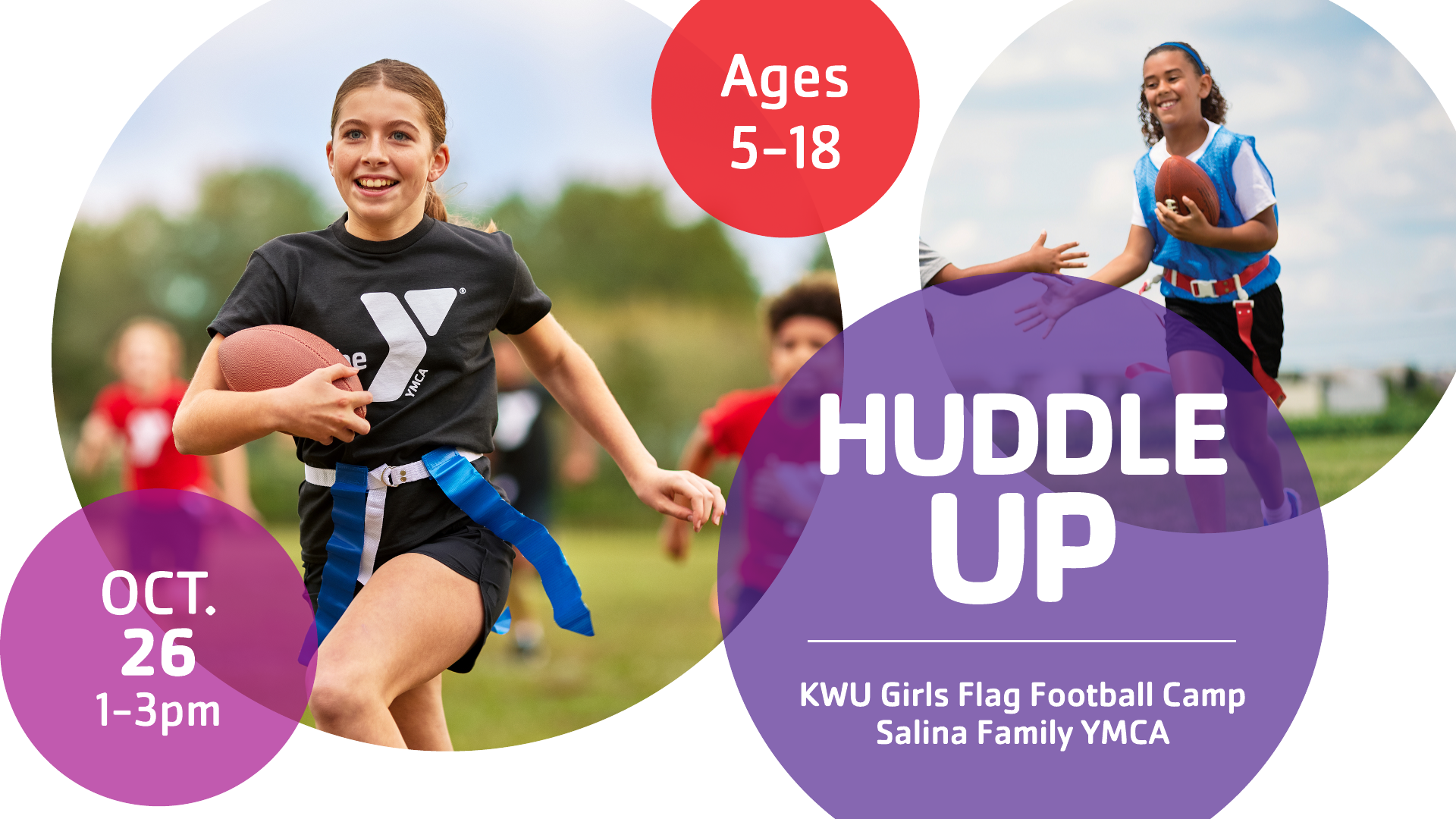 Salina Family YMCA partnering with KWU Women's Flag Football for girls only flag football camp on Sunday, October 26 from 1:00 pm - 3:00 pm. Courtesy of Salina Family YMCA