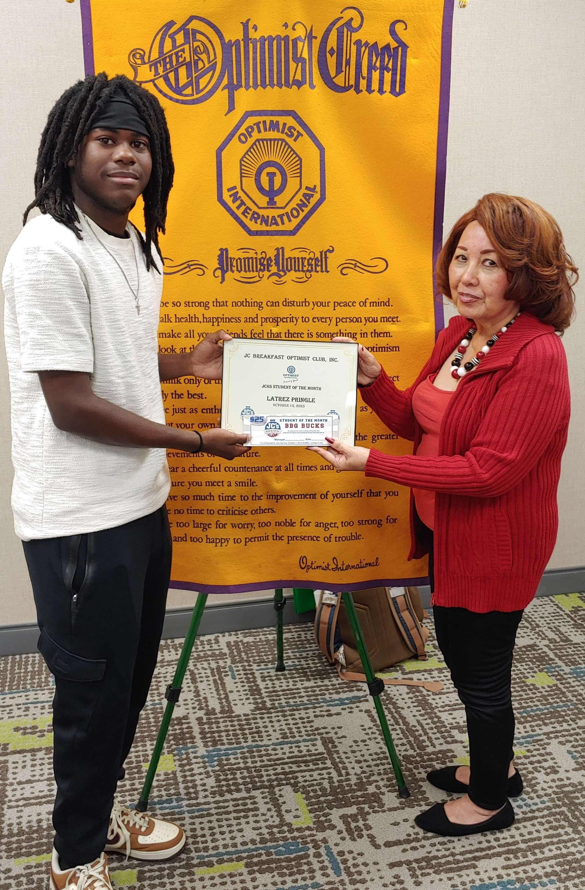 Pictured left to right are: Latrez Pringle and Nita Miller, JC Breakfast Optimist Club President