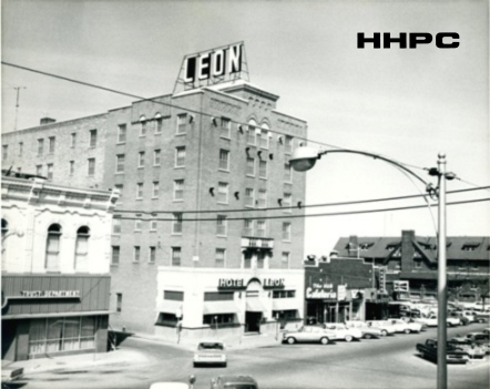 Leon Hotel - 14 E. 2nd - April 1964 (shows Hub Cafeteria, Lee Studio, Foltz Pharmacy, Carl's Bar & Bisonte Hotel before razing). Courtesy of the Conard-Harmon Collection.
