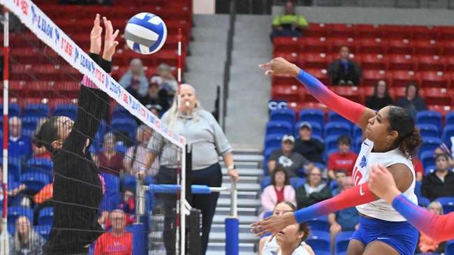 Jaylynn McNeill has 12 kills on .363 hitting in the Blue Dragon Volleyball Team's 3-1 KJCCC loss to Garden City on Wednesday in Garden City. (Andrew Carpenter/Digital Fox Photography)