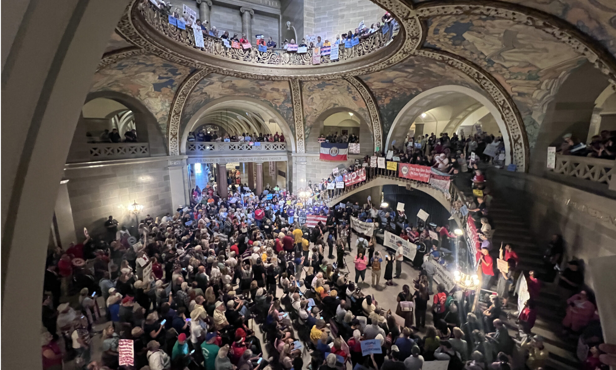 Protesters gather in the Missouri Capitol rotunda Sept. 10 in opposition to a gerrymandered congressional district map (Annelise Hanshaw/Missouri Independent).